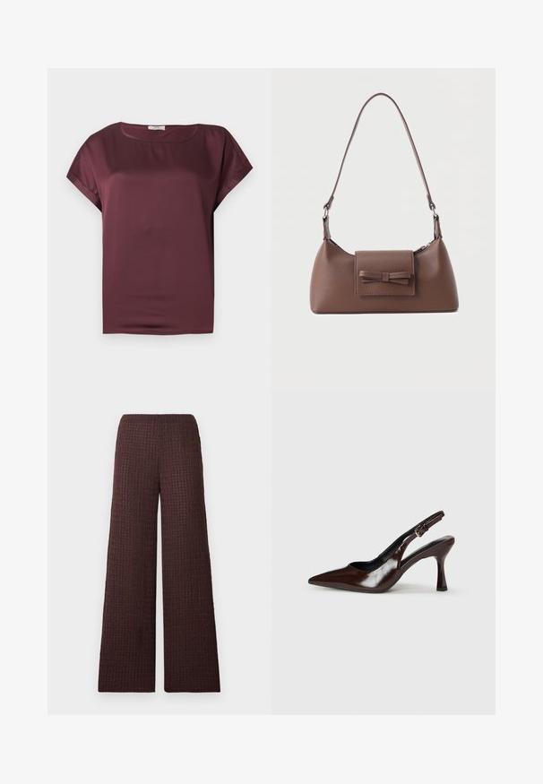 Blouse en satin bordeaux foncé à manches courtes, col rond et coupe ample, présentée sur un fond uni gris clair.; Pantalon marron à jambes larges avec une ceinture élastique, conçu dans un tissu froissé et de longueur complète.; Talons slingback en cuir verni brun avec un bout pointu, un talon fin, et une sangle réglable avec une petite boucle.; Sac à bandoulière en cuir marron avec une poche à rabat avant ornée d'un détail en forme de nœud cousu et une sangle réglable.