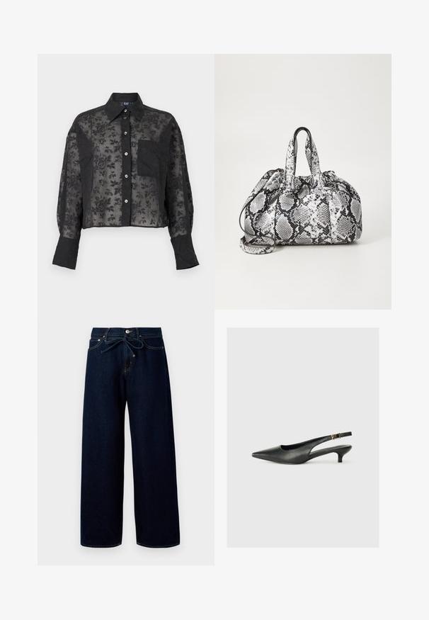 Zwarte doorschijnende blouse met bloemenpatroon, lange mouwen, knopen, kraag, borstzak en brede manchetten.; Donkerblauwe wijde jeans van denim, met een sluiting met knoppen aan de voorkant en een trekkoord in de taille, versierd met contrasterende stikdetails.; Zwarte puntschoen met slingback van soepel leer. Kenmerkt zich door een dunne hak en een gespdetail op de verstelbare band.; Zwart-wit handtas met slangenhuidpatroon, voorzien van twee handvaten, een trekkoordsluiting en een afneembare schouderriem. Hanteert een gladde textuur.