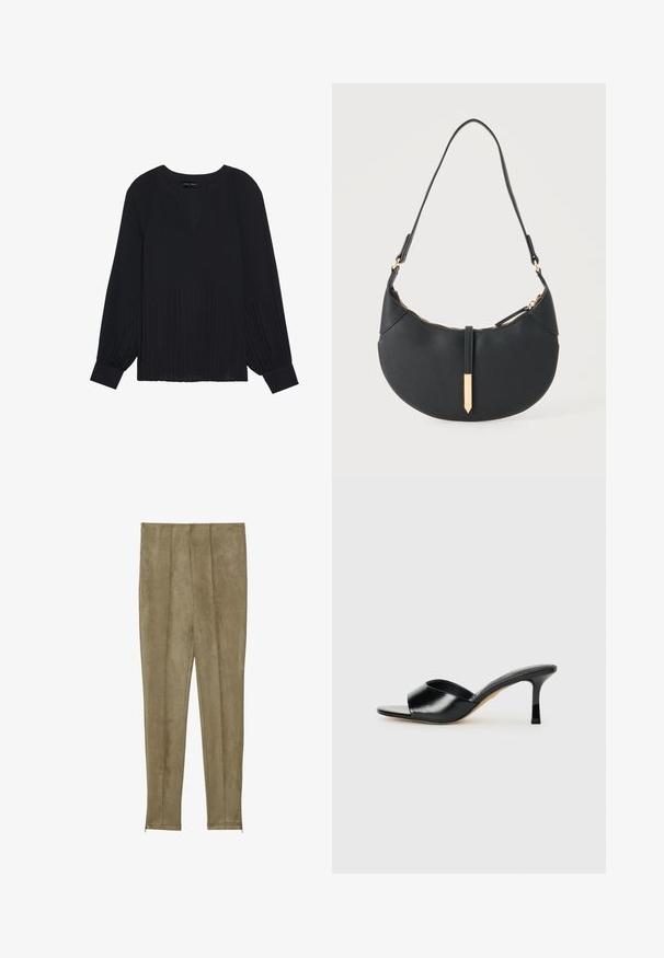 Haut noir à manches longues avec un col en V, présentant des plis verticaux, un tissu doux et des poignets ajustés. Design simple sans motifs ni accents supplémentaires.; Pantalons en faux daim de couleur kaki avec des détails de couture verticale et des poignets étroits, présentant une texture lisse et une silhouette ajustée.; Mules à talons hauts en cuir noir avec un design à bout ouvert et une large sangle supérieure incurvée. Texture lisse et silhouette élégante.; Sac à main noir en forme de croissant avec une bandoulière unique, une fermeture éclair dorée et une languette décorative rectangulaire dorée à l'avant.