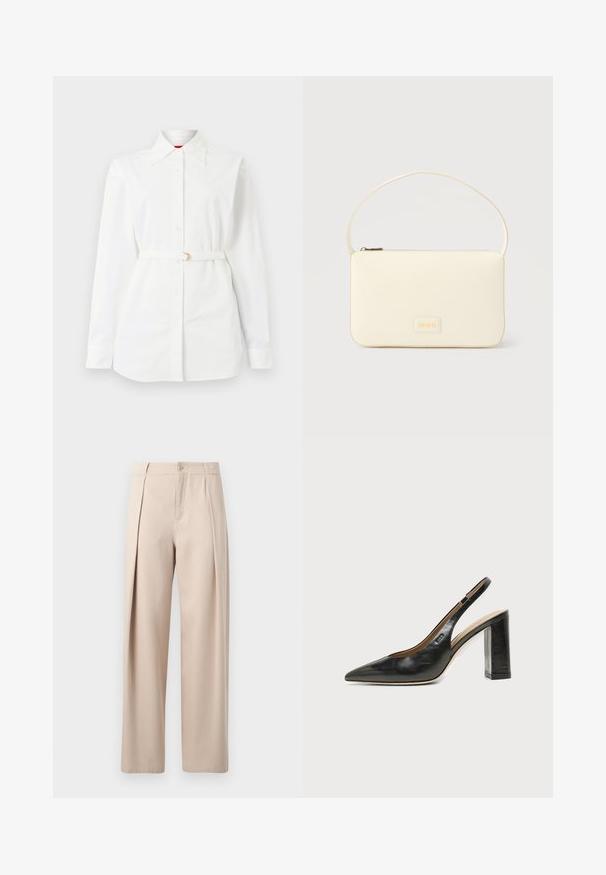 Chemise blanche à manches longues, boutonnée avec col, ceinturée d'une fine ceinture à la taille, présentée sur un fond uni.; Pantalon beige à coupe droite, avec deux plis devant, une braguette à boutons et une texture lisse. Aucune poche visible sur l'image.; Chaussure slingback en cuir noir à bout pointu avec un talon bloc haut et une doublure intérieure beige sur un fond clair uni.; Sac à main rectangulaire de couleur crème avec une seule sangle et une fermeture éclair sur le dessus, comportant une petite plaque de logo embossé à l'avant.