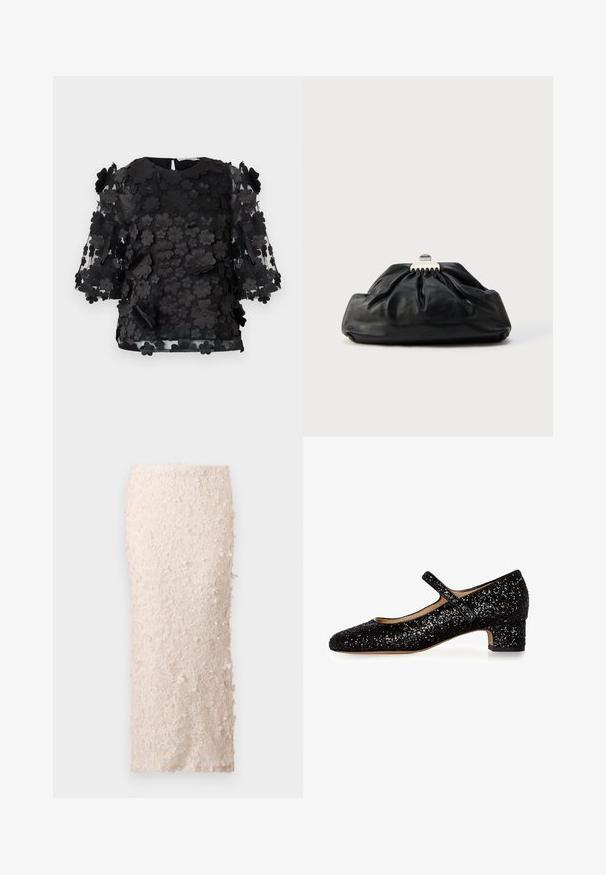 Sort blomstret applikation top med gennemsigtige ærmer, der har tredimensionelle blomsterdetaljer og en rund halsudskæring. Inkluderer en nøglehulslukning i ryggen.; Cremefarvet blyantskirt i blonde med blomsterapplikationer. Designet er tætsiddende, med en glat tekstur og detaljerede udsmykninger.; Sort glitrende Mary Jane-sko med afrundet tå, lav blokhæl og en enkelt rem hen over vristen. Tekstureret glitrende overflade hele vejen rundt.; Sort læderclutch med en samlet tekstur, metal lukning og diskret præget logo på forsiden. Rundet form.