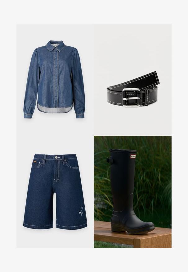 Dunkelblaue Jeanshemd mit Kragen, vorderem Knopfverschluss, langen gepufften Ärmeln und abgerundetem Saum, mit kontrastierenden Nähten.; Dunkelblaue Jeansshorts mit Vordertaschen, Gürtelschlaufen, weißen Nähten, Knopfverschluss sowie kleiner weißer Stern- und Sternbild-Stickerei am Bein.; Schwarzer Gummistiefel bis zum Knie mit runder Zehe, leichtem Absatz und einer Schnallenriemen. Auf der Vorderseite befindet sich das "HUNTER"-Logo.; Schwarzer Ledergürtel mit weißer Naht und silberner rechteckiger Schnalle, aufgerollt auf hellem einfarbigem Hintergrund.