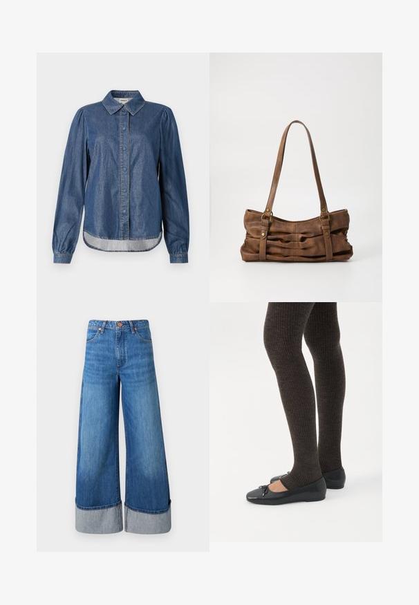 Mørkeblå denimskjorte med krave, knaplukning fortil, lange puffede ærmer og rundet kant, der har kontrastsyninger.; Vide ben denim jeans i mellemblå. Har en høj talje, opkrøllede nederste kanter i lysere denim og klassisk fem-lomme design med metal accenter.; Ben iført mørke ribbede leggings kombineret med sorte balletsko med små sløjfedetaljer på hvid baggrund.; Even&Odd Håndtasker - brown