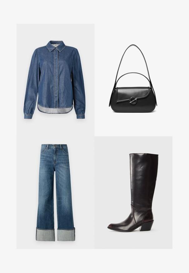 Donkerblauwe denimshirt met een kraaglijn, knoopsluiting aan de voorkant, lange pofmouwen en een afgeronde zoom, met contrasterende stiksels.; Lee STELLA - Wide leg - richter; Knielange, donkerbruine leren laars met een spitse neus, hoekige blokhak en een gladde, glanzende textuur. Heeft een strak ontwerp en stikdetails.; Zwarte leren schoudertas met een gebogen klep die is bevestigd met een ronde metalen sluiting en een smalle, verstelbare band.