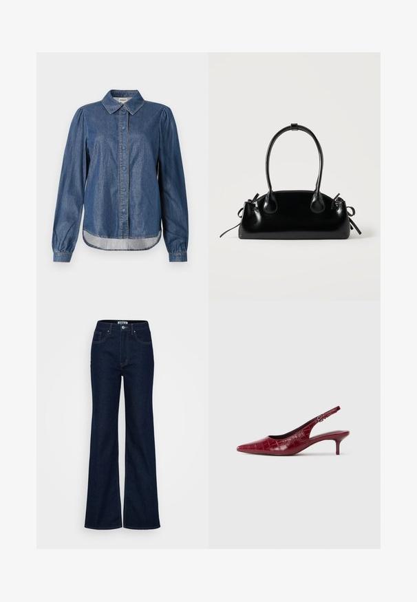 Mørkeblå denimskjorte med krave, knaplukning fortil, lange puffede ærmer og rundet kant, der har kontrastsyninger.; ONLY Tall ONLJUICY WIDE RINSE - Wide leg - dark blue denim; Bordeaux læder slingback pumpe med krokodillestruktur, spidse tæer, justerbar spænde rem og lav kitten hæl på en hvid baggrund.; Lille sort blank håndtaske med to lange håndtag og snøre-detaljer i siden på en ensfarvet lys baggrund.