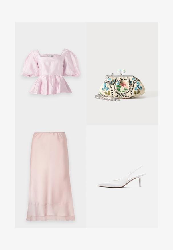 Hele roosa peplum tops, mis on valmistatud läikivast satiinikangast. Omab ruudukujulist kaelust ja puhvvarrukaid, millel on elastne äär.; Kergelt roosa satiin midi seelik elastse vöökoha ja kihiliseäärega, esitlemisel lihtsal valgel taustal.; Valge nahast naiste slingback-tüüpi jalanõu, terava ninaotsaga, madala kitsa kontsaga ja väikese dekoratiivse lipsuga peal, esitatud külgvaates.; Väike kangast haaklaga rahakott lilleliste helmestikandiga, metallraamiga ja hõbedase ketti sangaga heledal ühtlasel taustal.