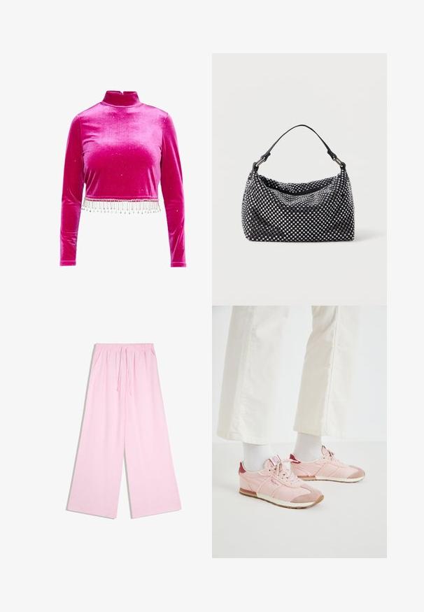 Lyserød fløjls cropped top med lange ærmer, høj krave og dekorative perledetailer langs kanten. Glat tekstur med glimmer accenter.; Lyserøde bukser med vidde i benene, elastisk talje og snor, med sidelommer, vist på hvid baggrund.; Lyserøde atletiske sko med en kombination af glatte og teksturerede materialer. Funktioner inkluderer en mørkerød detalje ved hælen og en hvid gummisål.; Sort og sølv håndtaske med en vævet, struktureret overflade med firkantede mønstre, en enkel top håndtag og et slasket design.