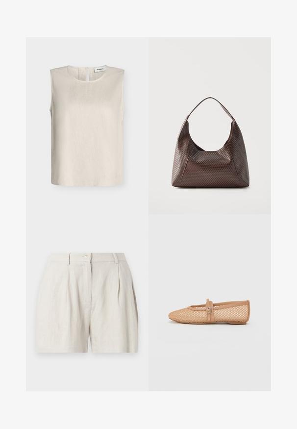 Top sans manches beige en mélange de lin avec encolure ronde et fermeture éclair au dos de Modström, présenté sur fond uni.; Short en lin crème taille haute avec plis devant, poches latérales, passants de ceinture et fermeture par bouton.; Ballerines en mesh nude avec un bout pointu, un talon fermé, et une sangle décorative avec une boucle sur le cou-de-pied. Surface texturée.; Sac à épaule en cuir tressé marron avec une seule large bandoulière et un corps souple en forme de croissant.