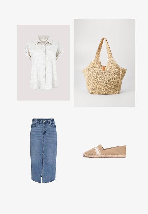 Lichtbeige linnen overhemd met korte, opgerolde mouwen, een borstzak en een licht gebogen zoom, voorzien van een gestructureerde stof.; Lichtblauwe denim midi rok met een voorflap, vijf zakken, riemlussen en een knoopsluiting in de taille. Klassieke pasvorm en textuur.; Beige instap-espadrille met geweven zool en witte gestreepte stoffen band over de bovenkant, weergegeven op een witte achtergrond.; Grote stro tote bag met een getextureerde, beige buitenkant en twee brede handvatten. Beschikt over een leren accentriem voor sluiting.