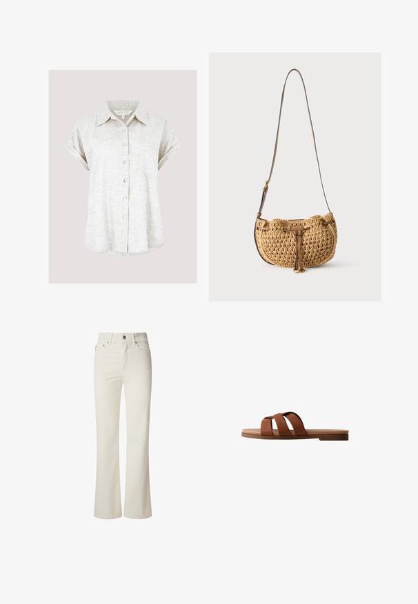 Lys beige linned skjorte med korte ærmer og manchetter, en brystlomme og en let buet søm, med et struktureret stof.; Hvide flagrende jeans lavet af denim. Har en høj talje, fem lommer og metallisk knaplukning. Glat tekstur uden synlige mønstre.; Flad brun slidesandal med tre brede læderremme, der krydser foden, og en let forhøjet sål ved hælen.; Lille tanfarvet vævet skuldertaske med justerbar brun læderstrop og læderdetalje foran hængende mod hvid baggrund.