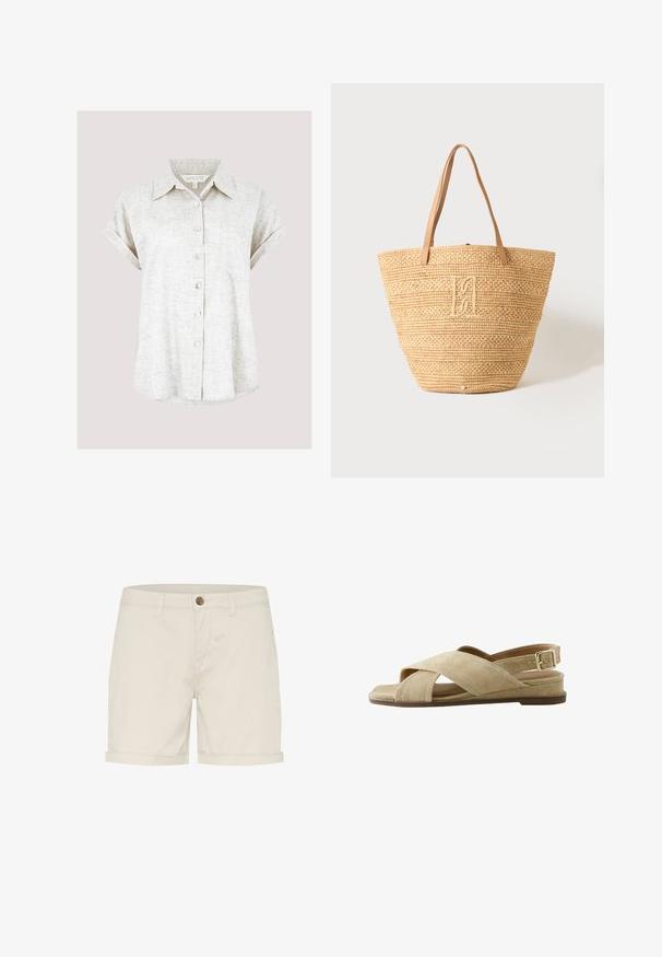 Camisa de lino color beige claro, con mangas cortas y puños doblados, bolsillo en el pecho y un dobladillo ligeramente curvado, que presenta una textura en la tela.; Bermudas de algodón de color beige claro con cierre de botón, puños doblados y bolsillos laterales. Textura suave y diseño ajustado para mayor comodidad.; Sandalia de ante beige con tiras cruzadas, suela plana y una correa ajustable al tobillo con hebilla, mostrada en vista lateral.; Bolsa tote beige de paja tejida con dos asas de cuero marrón claro y un monograma bordado sutil en el centro delantero.