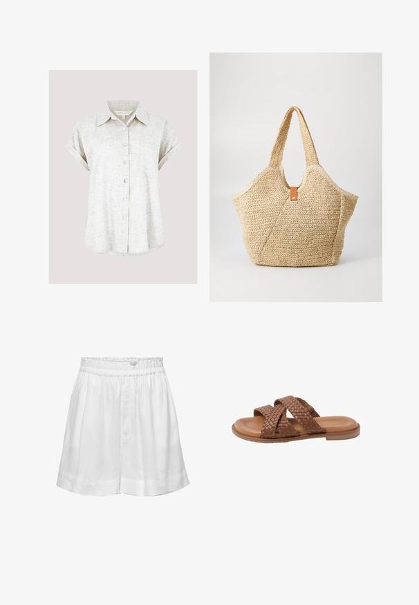 Camisa de lino color beige claro, con mangas cortas y puños doblados, bolsillo en el pecho y un dobladillo ligeramente curvado, que presenta una textura en la tela.; Pantalones cortos de lino blanco con cintura elástica y corte relajado. Presentan una textura suave y dobladillos con puños para un detalle adicional.; Sandalia de cuero marrón tipo 'slide' con dos amplias correas tejidas que cruzan sobre el pie y una suela plana, aislada sobre fondo blanco.; Gran bolsa de paja con un exterior texturizado en color beige y dos asas anchas. Presenta una correa de acento de cuero para el cierre.