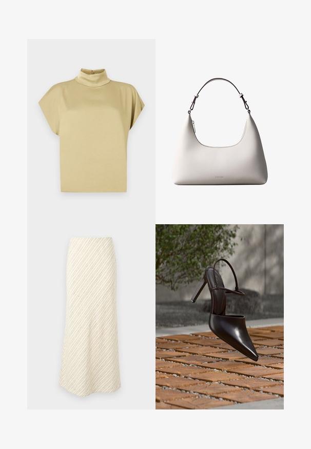 Haut beige à manches courtes avec un col montant et une fermeture par bouton à l'arrière du col.; Jupe midi couleur crème avec un motif à rayures diagonales marron. Dispose d'une taille ajustée et d'un tissu doux avec une texture lisse.; Mule noire brillante à talons hauts avec bout pointu et bride à la cheville, suspendue au-dessus d'une surface carrelée en terre cuite avec des interstices remplis de gravier.; Sac à bandoulière en cuir couleur crème de Calvin Klein avec bord supérieur incurvé, fermeture éclair argentée et sangle ajustable brun foncé.