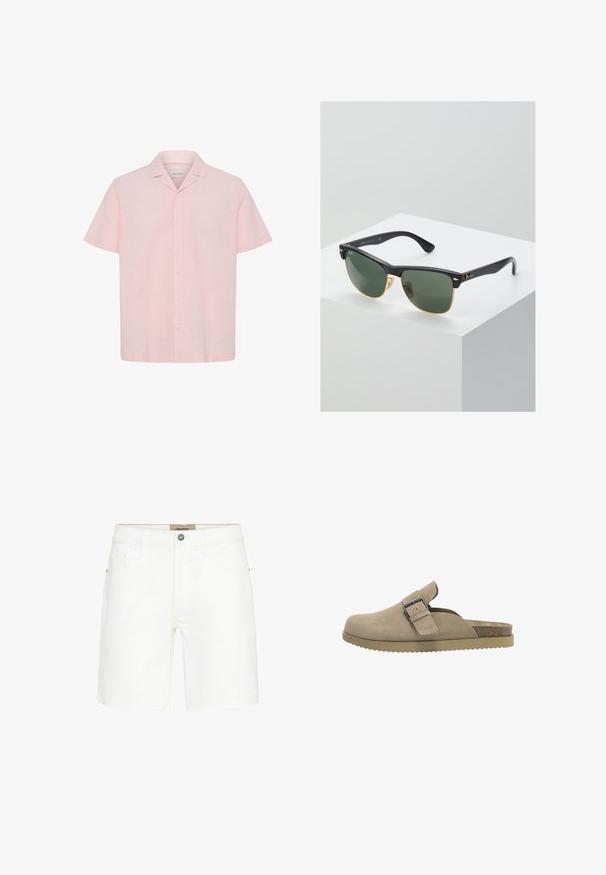 Hellrosa Kurzarm-Hemd mit Knopfleiste und legerem Kragen, frontseitig auf weißem Hintergrund gezeigt.; Weiße Denim-Shorts mit einem klassischen Fünf-Taschen-Design, Metallknopfverschluss und kontrastierenden Stickdetails. Glatte Textur und gerader Schnitt.; Beige Wildleder-Slipper-Clog mit verstellbarem Riemen und Metallschnalle, konturiertem Korkfußbett und profilierter Gummisohle.; Ray-Ban Sonnenbrillen mit grünen Gläsern, schwarzen Kunststoffrahmen und goldenen Akzenten an den Rändern. Quadratische Form mit matter Oberfläche.