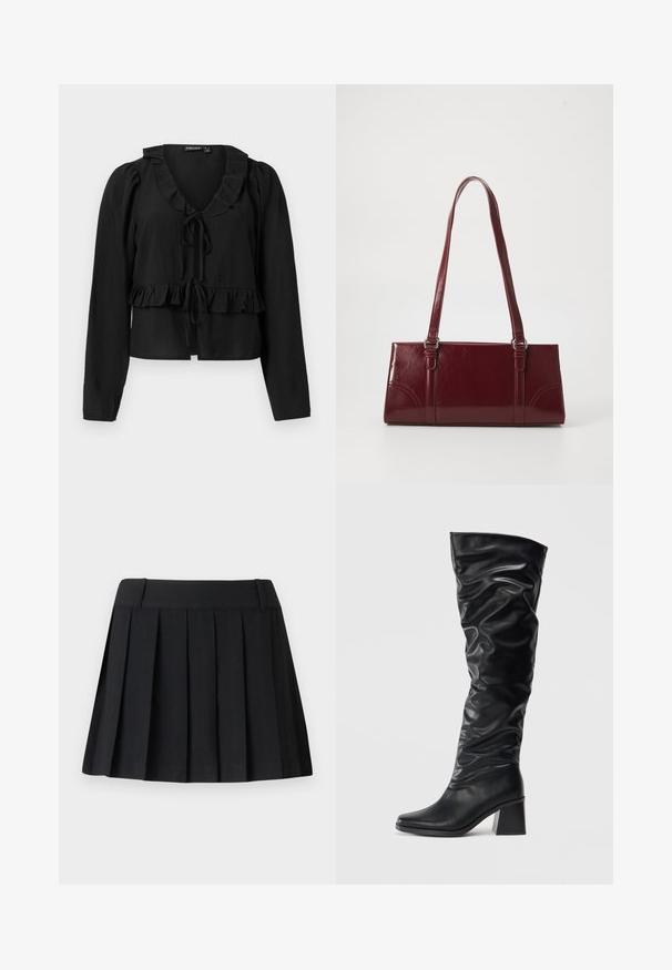 Blusa negra de manga larga con un cuello y un dobladillo con volantes, con un cierre de lazo en la parte delantera y una textura suave y ligera.; Falda negra con pliegues y cintura ajustada, hecha de tejido ligero. Presenta pliegues espaciados uniformemente y un diseño simple y limpio.; Botas negras hasta la rodilla hechas de cuero brillante con un diseño arrugado, puntera afilada y un tacón grueso. Textura suave con un brillo sutil.; Bolso burdeos hecho de material brillante, de forma rectangular, con dos asas para el hombro y sutiles acentos curvados en la parte frontal.
