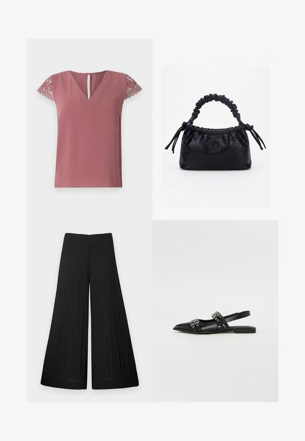 Haut rose avec un décolleté en V et des manches courtes, doté de dentelle. Tissu lisse avec un détail en keyhole au dos.; Pantalon noir à larges jambes en tissu léger. Il possède une taille plate et un matériau fluide, avec peu de détails de couture.; Even&Odd by Zalando Ballerines à brides arrière - black; Sac à main noir avec texture crocodile, bord supérieur froncé, poignée plissée et pompons à cordon de chaque côté sur fond blanc.