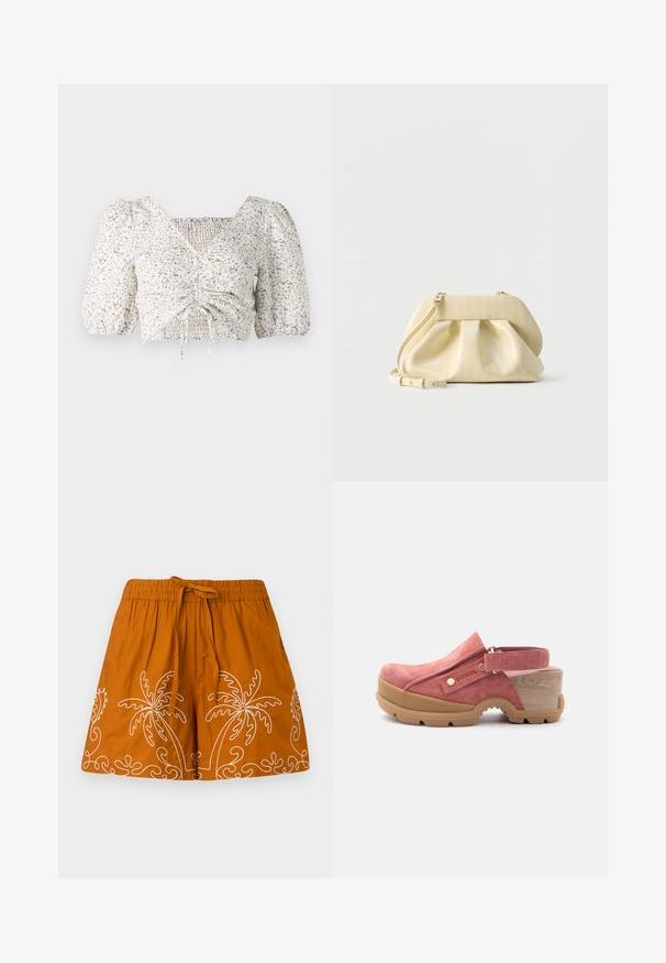 Valge lühikeste varrukatega blouse, millel on beež ja sinine lillemuster. Omab smockitud esiosa ja ruutkaela, millel on paelad.; Oranž puuvillane seelik elastse vöökohtaga, millel on valge tikitud palmipuu motiivid ja dekoratiivsed keerdkäigud äärtes.; Roosa seemisnahast klotsiga jalanõu paksu helepruuni kummist tallaga, jäme puidust kontsaga, reguleeritava tagumise rihma ja kaubamärgiga külgrihma detailiga.; Väike kahvatu kollase nahaga käekott kogutud esiosaga, kuldsete kinnitustega ja reguleeritava õlarihmaga valgel taustal.
