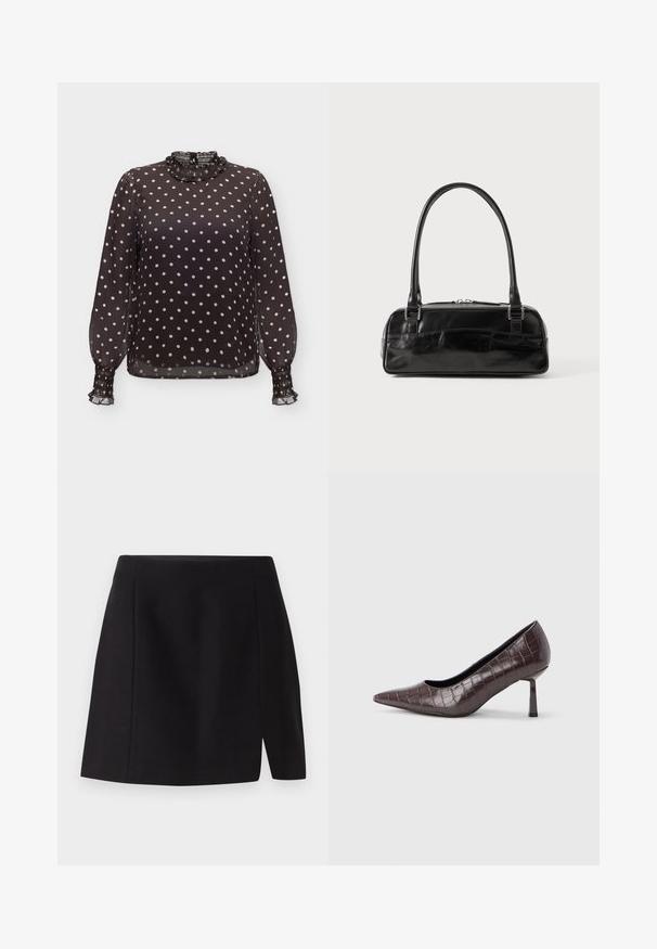 Blouse noire transparente à manches longues avec des pois blancs, col montant à volants et poignets smockés.; Mini-jupe noire en tissu lisse, dotée d'une taille ajustée et d'une fente à l'avant qui apporte une touche moderne à son design simple.; Escarpins à bout pointu en similicuir marron avec une texture crocodile, dotés d’un talon fin et angulaire ainsi que d’une doublure intérieure lisse.; Sac à main en cuir noir de forme rectangulaire, doté d'une seule ansse structurée, de quincaillerie argentée et d'une fermeture éclair. Texture lisse.