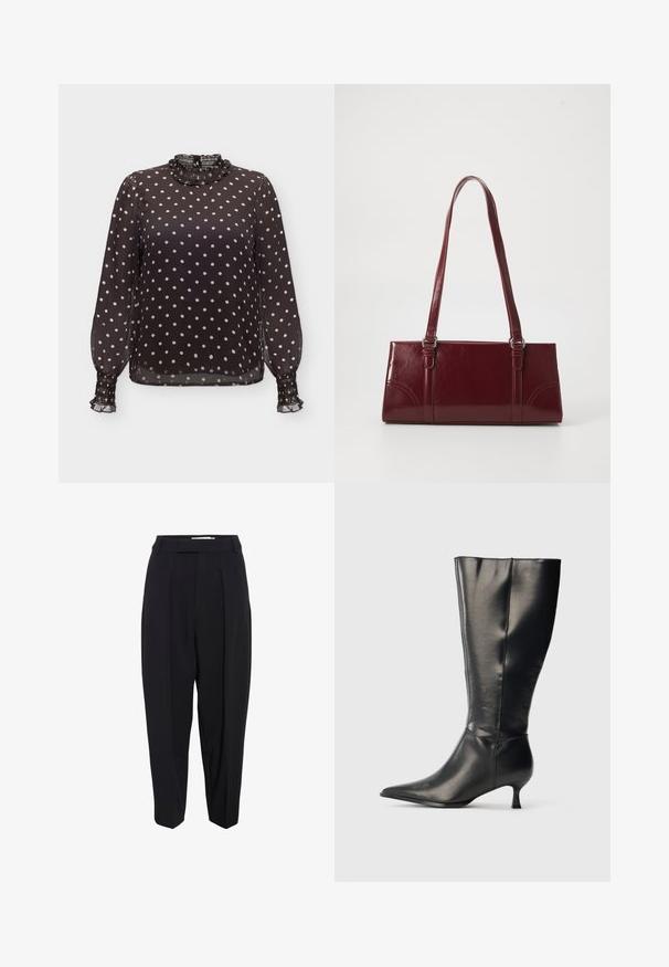 Sort gennemsigtig bluse med lange ærmer med hvide polkaprikker, flæset høj krave og smockede manchetter.; Sorte skræddersyede bukser med høj talje, der har læg og en cropped, tapered buksdesign. Glat stof med en mat overflade.; Sort knæhøj læderstøvle med spids tå og lav kittenhæl, vist på en enkel lys baggrund.; Bordeaux håndtaske lavet af glansfuldt materiale, rektangulær form, med to skulderremme og subtile buede detaljer på forsiden.