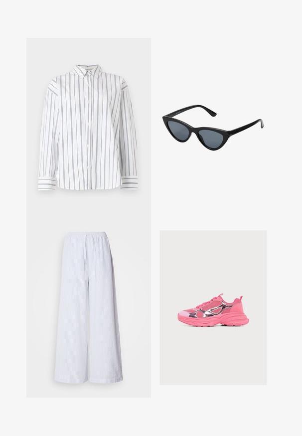 Camisa blanca de algodón con botón, con rayas verticales en náutica, cuello clásico y mangas largas con puños a rayas. Textura suave.; Pantalones de pierna ancha blancos con rayas azul claro, con cintura elástica ajustable y una tela texturizada.; Zapatilla deportiva de color rosa brillante con malla y detalles metálicos, suela gruesa y texturizada, cierre de cordones en la parte delantera y lengüeta en el talón sobre un fondo liso.; Gafas de sol negras en forma de ojo de gato con lentes gris oscuro, marco de plástico elegante, esquinas puntiagudas y patillas rectas. Sin herrajes ni acentos visibles.