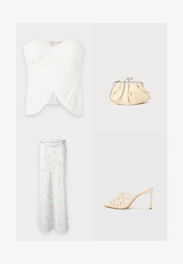 Top blanco sin tirantes con tejido plisado, escote curvado y detalle de torsión en el busto. Textura suave con una silueta ajustada y cierre ajustable.; Rabanne Falda larga - pink/blue/green/yellow; Mules de tacón alto en beige con un diseño de tiras. Presentan una punta cuadrada, una textura suave y un tacón delgado con un acento dorado en la base.; Clutch de cuero beige plisado con un marco de metal plateado, que cuenta con dos broches decorativos redondos y una correa de cadena plateada.