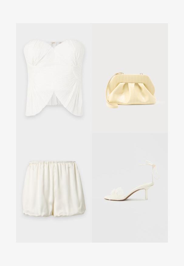 Haut sans bretelles blanc avec un tissu plissé, un col courbé et un détail torsadé au niveau de la poitrine. Texture lisse avec une silhouette ajustée et une fermeture réglable.; Shorts en satin couleur crème avec taille élastique froncée et coupe ample style ballon sur un fond clair uni.; Sandale blanche à talon haut avec lien à la cheville et détail floral en dentelle à l'avant sur un fond clair uni.; Pochette en cuir couleur crème avec un cadre supérieur structuré et une lanière pour poignet, présentée sur un fond clair uni.