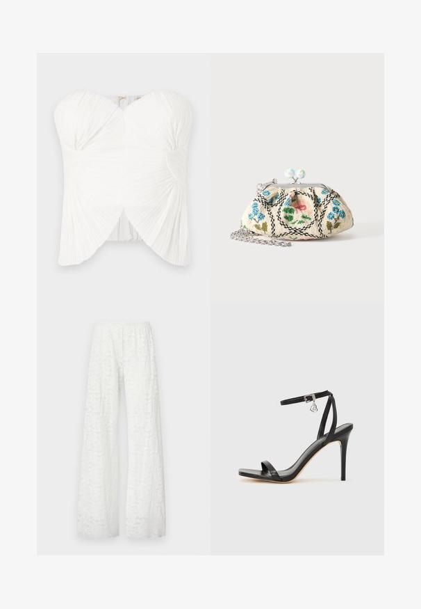 Haut sans bretelles blanc avec un tissu plissé, un col courbé et un détail torsadé au niveau de la poitrine. Texture lisse avec une silhouette ajustée et une fermeture réglable.; Pantalons larges blancs avec une taille élastique, présentant un motif floral en dentelle texturée sur l'ensemble du tissu.; Sandale à talon haut noire avec une bride étroite à la cheville, bout carré, cuir lisse et accent de boucle métallique.; Petit porte-monnaie en tissu à fermoir avec broderie florale en perles, cadre métallique et bandoulière chaîne argentée sur un fond uni clair.