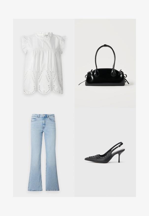 Witte katoenen blouse met ruches op de mouwtjes, een hoge kraag en geborduurde oogjes aan de onderrand in een paisleypatroon.; Lichtblauwe uitlopende jeans van denim. Heeft een hoge taille, een traditionele vijf-pocketontwerp en een licht vervaagde textuur.; Zwarte leren slingback stiletto met spitse neus, zijgesp met gesp, studs langs de rand en decoratieve veters aan de voorkant.; Kleine zwarte glanzende handtas met twee lange hengsels en zijkant trekkoord details op een effen lichte achtergrond.