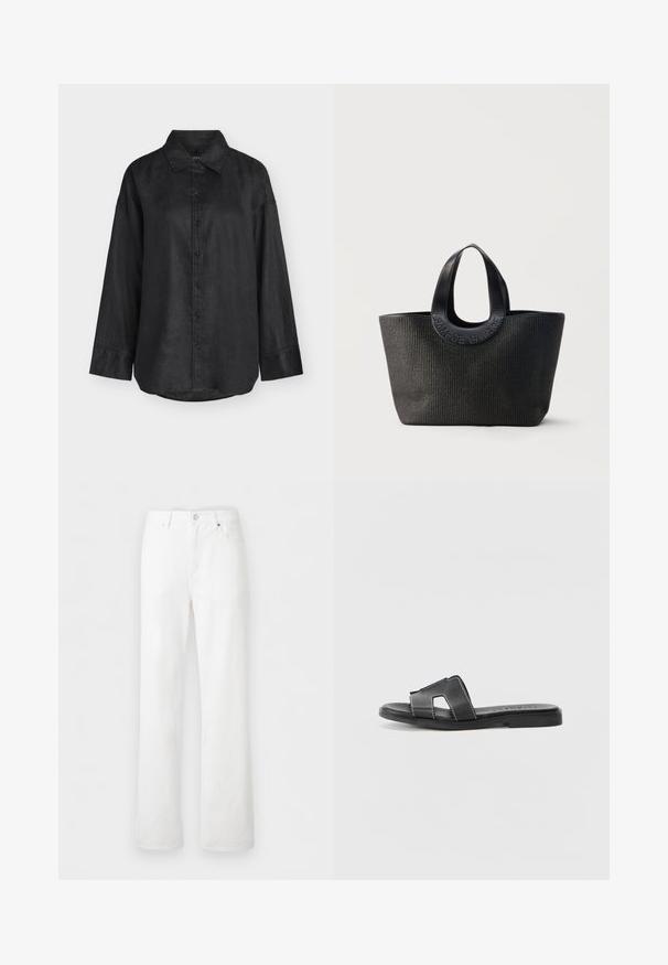 Chemise noire à manches longues avec col, coupe ample et ourlet droit, présentée sur un fond gris clair.; Jean en denim blanc taille haute avec jambes droites, passants de ceinture, bouton à l'avant, fermeture éclair, et poches devant et derrière sur un fond clair.; Sandale en cuir noir à semelle plate, dotée de deux brides croisées et de coutures blanches contrastées. Design simple à bout ouvert.; Sac cabas noir texturé avec de larges poignées arrondies présentant le nom de la marque embossé "Samsøe Samsøe" sur fond neutre.
