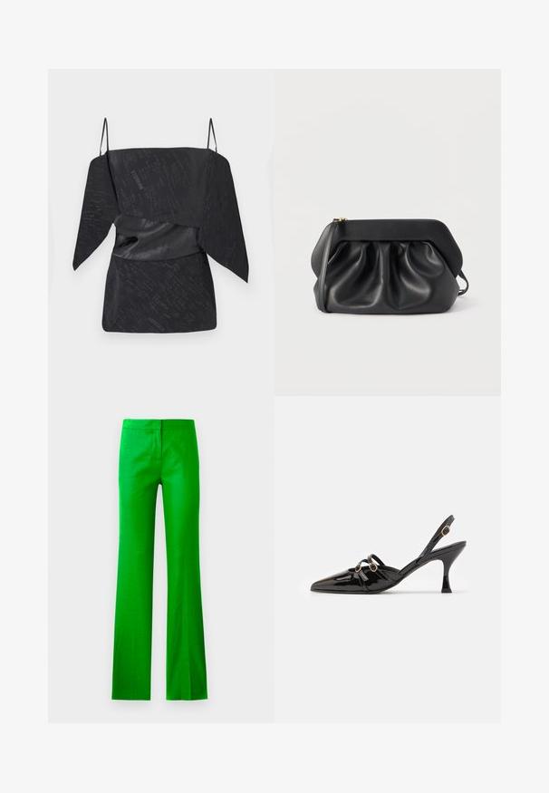 Top negro con un patrón texturizado, diseño drapeado, tirantes ajustables tipo espagueti y detalle de cintura ceñida.; Pantalones de campana de un verde brillante, hechos de una tela suave, con un frente plano y sin bolsillos visibles. Diseño limpio y minimalista.; ALOHAS JOELLE ONIX - Tacones - black; Bolso de mano de cuero negro con estructura rígida, detalles fruncidos y una correa delgada para la muñeca sobre un fondo blanco.