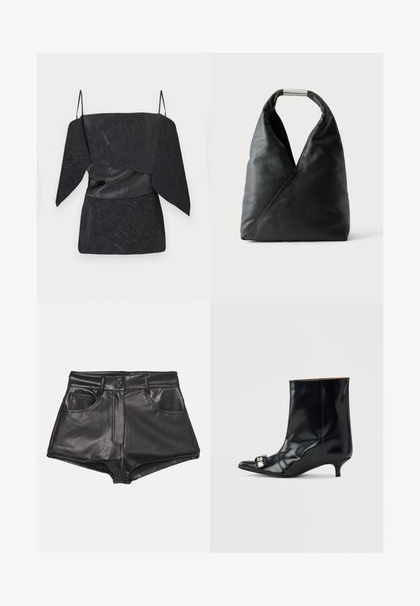 Top negro con un patrón texturizado, diseño drapeado, tirantes ajustables tipo espagueti y detalle de cintura ceñida.; Pantalones cortos de imitación cuero negros con cintura alta, que cuentan con dos bolsillos frontales, costuras visibles y una textura suave.; Bota de cuero negro para el tobillo con punta puntiaguda, tacón bajo tipo aguja y hebilla decorativa plateada en el lateral cerca de la punta.; Bolso de cuero negro con una forma triangular suave y un asa con cierre metálico plateado sobre un fondo blanco liso.