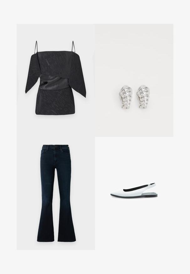 Sort top med et tekstureret mønster, der har draperet design, justerbare spaghetti-stropper og en taljeret detalje.; Mørkeblå flare jeans lavet af denim, med høj talje, standard lommer og subtil falmende på stoffet.; Hvide læderslingback flade sko med spids tå, tekstureret overflade og sort sål. Minimalistisk design med en elegant, moderne silhuet.; Sølv clip-on øreringe med spiralmønster, der har en glat metallisk tekstur og runde former. Ingen synlige udsmykninger eller mønstre.