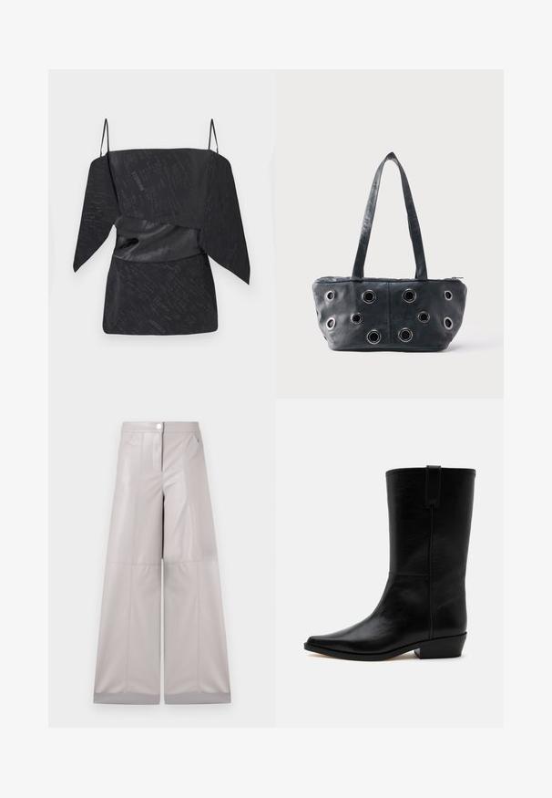 Top negro con un patrón texturizado, diseño drapeado, tirantes ajustables tipo espagueti y detalle de cintura ceñida.; Pantalones de pierna ancha en faux cuero gris claro, con cierre de botón en la parte frontal, dos bolsillos laterales y costuras decorativas para mayor textura.; Bota vaquera negra de cuero hasta la mitad de la pantorrilla con puntera puntiaguda, tacón bajo apilado y presilla en la parte superior sobre un fondo liso.; Bolso de cuero negro con dos asas y múltiples ojetes de metal plateado en el panel frontal, sobre un fondo claro y liso.