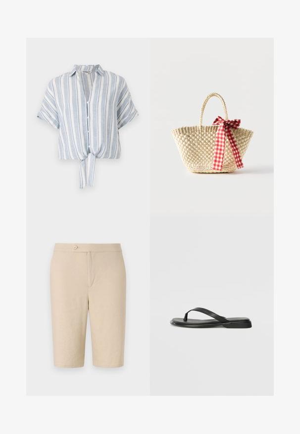 Korte mouwen cropped shirt in lichtgewicht stof, met blauwe en witte verticale strepen, knoopsluiting aan de voorkant en strikdetail in de taille.; Beige linnen shorts met een sluiting aan de voorkant met knoop, twee zijzakken en een rechte snit, voorzien van een gladde textuur en een eenvoudig ontwerp.; Zwarte teenflip-flop van glad leer, met een dunne band en een platte zool met een minimalistisch profiel. Geen opvallende patronen of accenten.; Gevlochten strooien tas met gevlochten handvatten en een rood-wit geruit lint dat aan één zijde in een strik is gebonden.