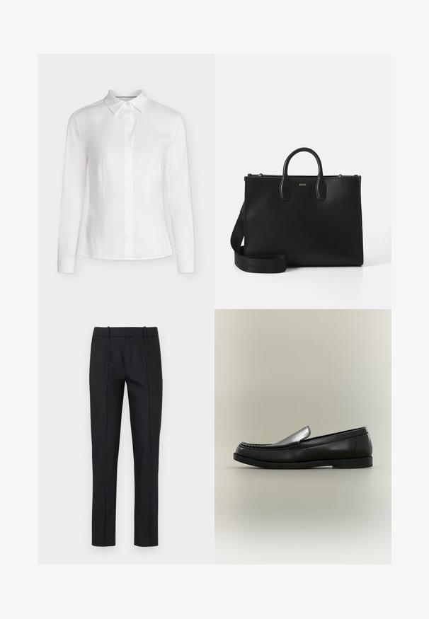 Blusa blanca ajustada de manga larga con cuello puntiagudo, parte delantera abotonada y costuras entalladas, presentada sobre un fondo liso.; Pantalones negros ajustados con corte slim, parte delantera plana y dos bolsillos traseros. Confeccionados con un tejido suave y un detalle de costura sutil a lo largo de las costuras.; Mocasín de cuero negro con costura tipo moc toe, tacón bajo y diseño sin cordones sobre un fondo neutro.; Bolso de piel negra con dos asas superiores y una correa de hombro desmontable. Presenta una textura suave y un diseño minimalista con un sutil logotipo.