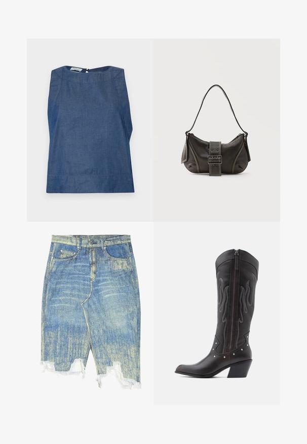Blå ærmeløs top lavet af denimstof. Har en bådformet halsudskæring, subtile sidesømme og en nøglehulåbning bagpå.; Lys blå denimnederdel med slidt tekstur, høj talje, frynset kant og fem-lomme design. Udstyret med metalbeslag og bæltestropper.; Brune læder cowboystøvler med flammebroderi, sidelukning med lynlås, sølvnitter, spids snude og lagdelt hæl.; Sort læder skuldertaske med spænde på remmen, afrundede kanter og kontrasterende hvide syninger på en ensfarvet baggrund.