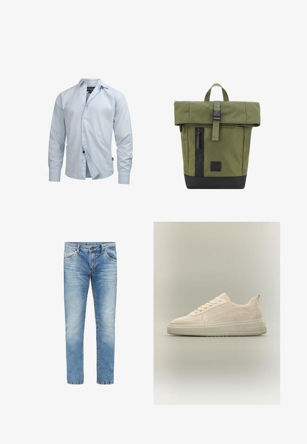 Chemise bleu clair à manches longues avec col et boutons, partiellement déboutonnée, présentée sur fond blanc.; Jeans en denim bleu clair avec une coupe droite, décoloration au niveau des cuisses et coutures contrastantes. Comprend cinq poches et une fermeture éclair.; Baskets basses en daim beige avec fermeture à lacets à l’avant et semelle épaisse en caoutchouc sur fond neutre.; Sac à dos vert à rabat fabriqué en tissu texturé avec des accents noirs, comprenant une poche zippée et une poignée supérieure robuste.