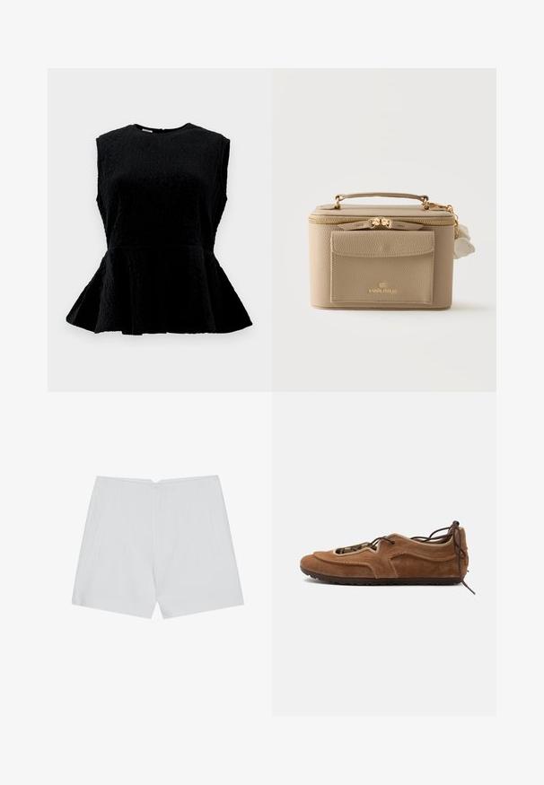 Top peplum noir à design sans manches, tissu texturé, col rond et ourlet évasé. Présente des rainures verticales subtiles sur l'ensemble.; Shorts blancs au design ajusté, à l'avant plat, avec deux poches latérales et un ourlet net. Fabriqués à partir d'un tissu lisse sans motifs visibles.; Chaussure plate en daim marron avec lacets et semelle en caoutchouc, vue de côté sur un fond clair.; Sac à main rectangulaire beige texturé avec poignée supérieure, poche avant, fermetures éclair dorées et un petit charm fleur blanche sur le côté.