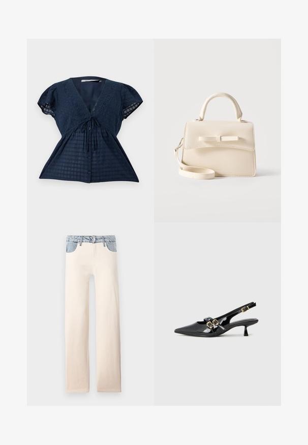 Donkerblauwe blouse met korte mouwen, diepe V-hals, bloemenborduurwerk, strikdetail, knopen aan de voorkant en semi-transparante geruite stof op de mouwen en het onderste deel.; Lichtbeige rechte jeans met een lichtblauwe denim tailleband en zakdetails, gemaakt van katoen met een gladde textuur.; Zwarte patenten leren slingback hakken met een spitse neus, dubbele banden met gouden gespen en een korte kittenhak. Glad van structuur.; Kleine beige handtas met bovenhandvat, afneembare riem, voorflap en decoratieve horizontale strik op een effen achtergrond.