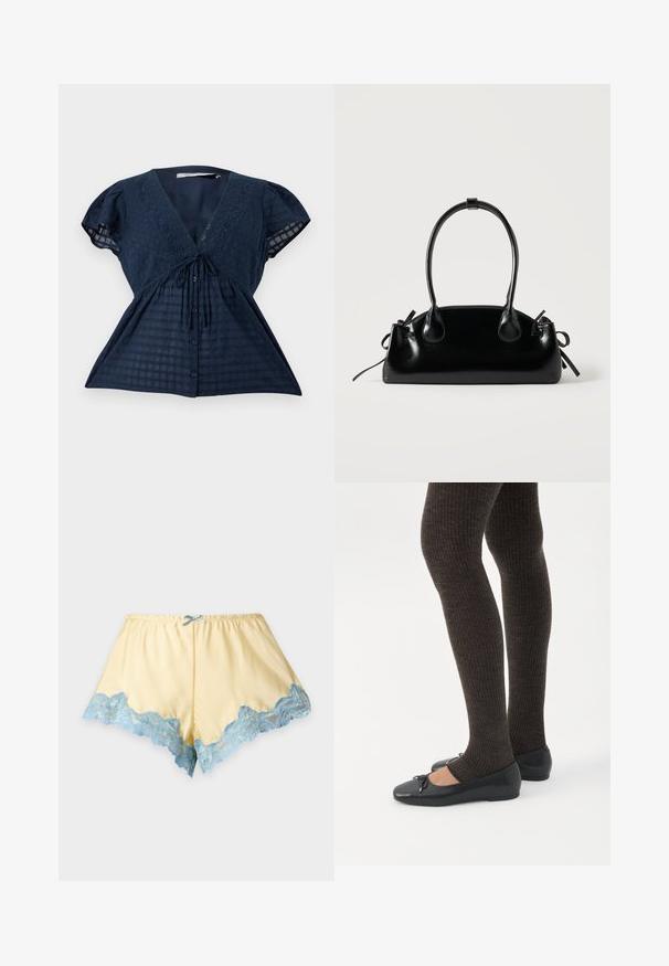 Blouse bleu marine à manches courtes avec un décolleté en V profond, broderie florale, détail noué, boutonnière à l'avant, et tissu semi-transparent à carreaux sur les manches et le bas du corps.; Shorts de nuit en satin jaune avec une bordure en dentelle bleu clair à l'ourlet et un petit nœud bleu à la taille élastique sur fond blanc.; Jambes portant des leggings côtelés foncés associés à des ballerines noires avec de petits détails en nœud sur fond blanc.; Petit sac à main noir brillant avec deux longues anses et des détails à cordon sur les côtés sur un fond clair uni.