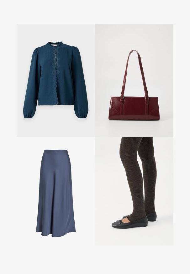 Blouse marine à manches bouffantes longues, col haute à volants et dentelle le long de l'avant ; tissu texturé avec fermetures à boutons.; Jupe A-line en satin bleu profond. Texture lisse, longueur au sol, avec une taille ajustée et un ourlet évasé. Pas de motifs ni de matériel visible.; Jambes portant des leggings côtelés foncés associés à des ballerines noires avec de petits détails en nœud sur fond blanc.; Sac à main bordeaux en matériau brillant, de forme rectangulaire, avec deux anses et des accents légèrement courbés à l'avant.