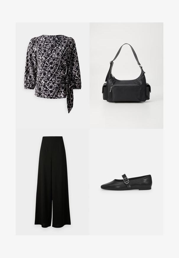 Mustvalge mustriga pluus kolmeveerandvarrukatega, mähise disain, tekstureeritud kangas ja külgmine sidumisdetail.; Vero Moda Tall VMLIVA SUPER WIDE PANTS - Püksid - black; Must värvi nahast tasased kingad ümarate varvastega, ühe reguleeritava paelaga ja siledat, läikivat pinda. Minimalistlik disain madala kontsaga.; Mustast nahast õlakott ümarate vormide ja tõmblukuga esikotiga, samuti kahe külgetaskuga. Omab ühte reguleeritavat rihma.