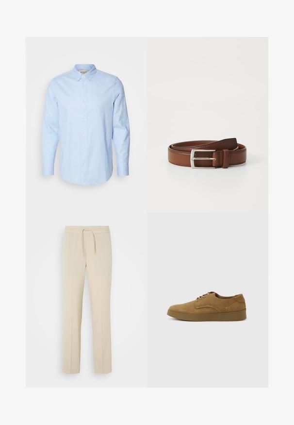 Himmelblaues Langarm-Hemd mit Knopfleiste, Button-Down-Kragen, weißen Knöpfen und subtil gesticktem Logo auf der linken Brust.; Beige, elastische Hosen mit einem Kordelzug. Sie haben gerade Beine und eine glatte Textur, geeignet für Freizeit oder Entspannung.; Brauner Wildleder-Schnürschuh für den Alltag mit flacher Gummisohle, von der Seite auf hellem, einfachem Hintergrund gesehen.; Brauner Ledergürtel mit glatter Oberfläche, ausgestattet mit einer silbernen Metallschnalle und feinen Nähten entlang der Kanten. Klassisches und robustes Design.