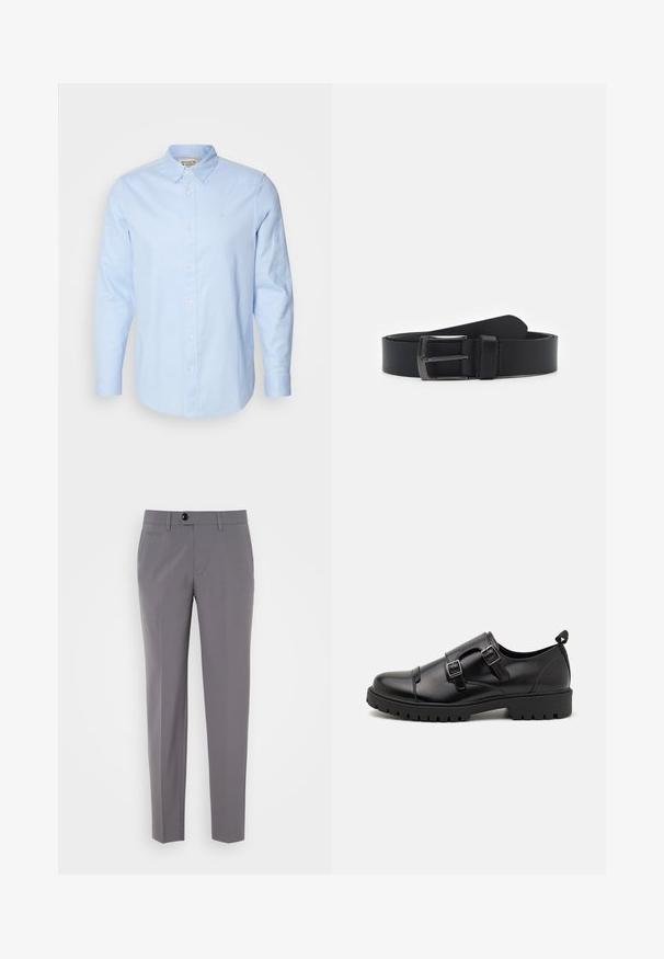 Camisa de botones de manga larga de color azul claro con cuello abotonado, botones blancos y un discreto logotipo bordado en el lado izquierdo del pecho.; Pantalones grises a medida con una textura suave, diseño de pierna recta, cierre de un solo botón y bolsillos frontales. Sin patrones ni acentos visibles.; Pier One Mocasines elegantes - black; Cinturón de cuero negro con una textura suave, que presenta una hebilla de metal en tono plateado y un diseño clásico. Longitud ajustable, estilo minimalista.