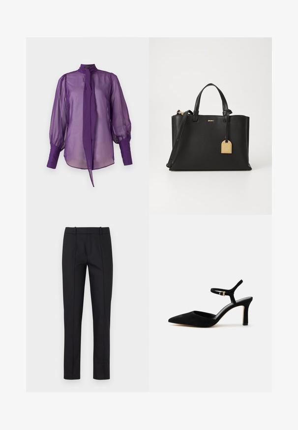 Lilla gennemsigtig bluse med høj krave, bindedetalje og lange, puffede ærmer. Har knapdetaljer på ærmekanterne.; Sorte skræddersyede bukser med slim fit, glat front og to baglommer. Lavet af glat stof med fin syning langs sømmene.; Sort ruskind højhælet sko med spids tå og tynd ankelrem med lille guldbæltespænde.; Sorte læderhåndtaske med struktureret design, top hanke, justerbar skulderrem og guldhardware detaljer, herunder navneskilt.