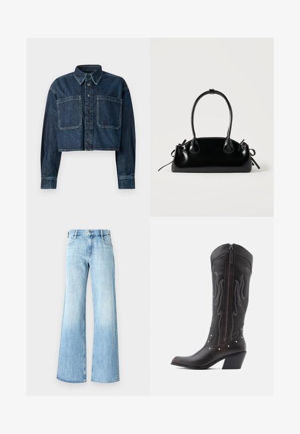 Kürzjacke aus Denim in Dunkelblau. Mit Knopfverschluss, spitzem Kragen, zwei vorderen Taschen und genähten Details an den Ärmeln und dem Saum.; Helle blaue Denim-Jeans mit weitem Bein, hoch geschnitten, klassischer Fünf-Taschen-Design und Knopfverschluss, mit einer leichten Ausbleichung nahe dem Saum.; Braune Cowboy-Stiefel aus Leder mit Flammenstickerei, seitlichem Reißverschluss, silbernen Nieten, spitzer Zehenpartie und geschichtetem Absatz.; Kleine schwarze glänzende Handtasche mit zwei langen Griffen und seitlichen Kordelzug-Details vor einfachem hellem Hintergrund.
