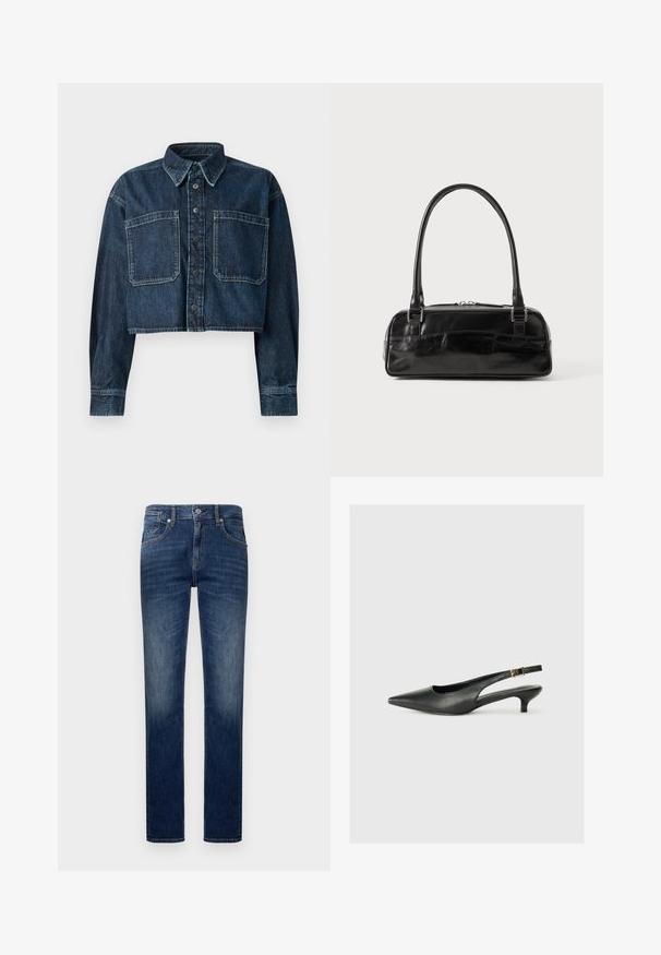 Kürzjacke aus Denim in Dunkelblau. Mit Knopfverschluss, spitzem Kragen, zwei vorderen Taschen und genähten Details an den Ärmeln und dem Saum.; Dunkelblaue Denim-Jeans im geraden Schnitt, mit fünf Taschen, kontrastierendem Nähen und einem Reißverschluss.; Schwarzer Slingback-Schuh mit spitzem Zehenbereich aus glattem Leder. Mit einem dünnen Absatz und einer dekorativen Schnalle am verstellbaren Riemen.; Schwarze Lederhandtasche in rechteckiger Form, mit einem stabilen Griff, silbernem Zubehör und Reißverschluss. Glatte Textur.