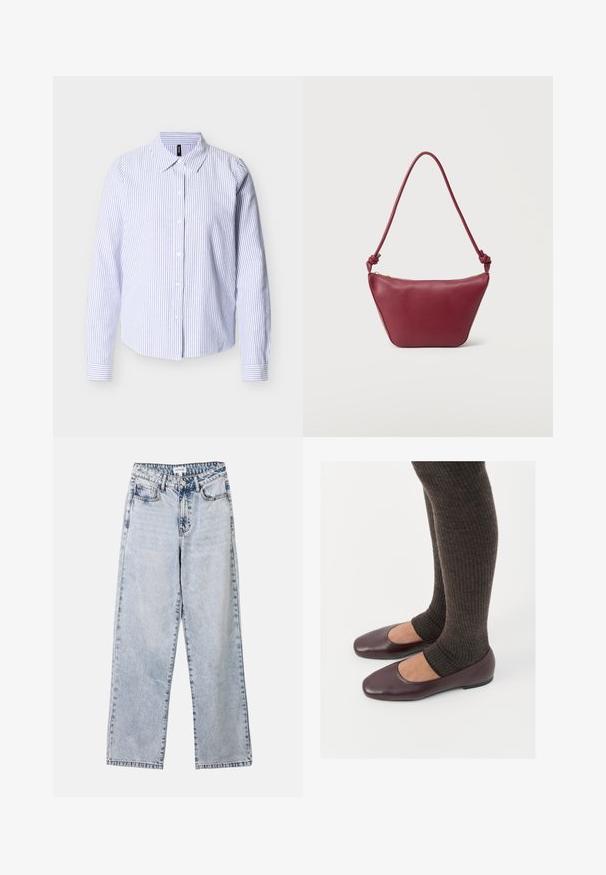 Langærmet skjorte med knapper og blå-hvide lodrette striber samt en spids krave, vist mod en ensfarvet hvid baggrund.; Lysblå lige ben jeans lavet af denim, med to frontlommer, en knaplukning og kontraststing langs sømmene.; Burgunderrøde patenterede læder flade sko med firkantet tådesign, parret med mørkebrune ribbede strømpers der når til midten af læggen.; Lille skuldertaske i bordeaux læder med knyttet rem og lynlåslukning øverst mod en ensartet lys baggrund.