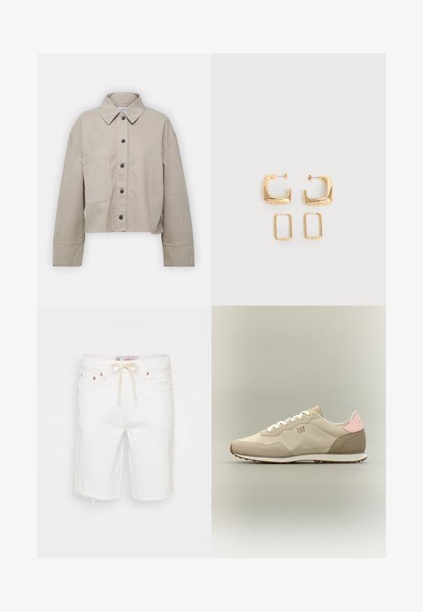 Beskåret beige jakke lavet af bomuld, med knapåbning foran, krave og en enkelt brystlomme. Sorte knapper og syede detaljer.; Hvide denim shorts med en frynsedetalje i bunden, der har en justerbar talje med snøring, fem lommer og hardware i kobberfarve.; Beige og lysebrun afslappet sneaker med hvide snørebånd, pink hælaccent og GAP-logo på siden, på neutral baggrund.; To par guldfarvede geometriske hoop-øreringe på en ensfarvet hvid overflade, et par firkantede og solide, et par rektangulære og hule.