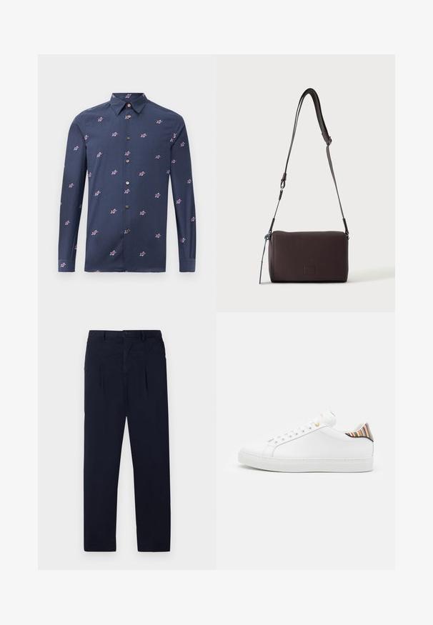Camisa de color azul marino hecha de algodón con mangas largas, que presenta pequeños patrones de estrellas rojas y blancas y botones marrones. Diseño de cuello clásico.; Pantalones azul marino hechos de una tela ligera que cuentan con un frente plano, dos pliegues y un cierre de botón estándar en la cintura.; Zapatilla de cuero blanca con un acabado suave, que presenta un acento de rayas coloridas en el talón, ojal dorado y suela plana blanca.; Bolso bandolera de cuero marrón oscuro con textura, correa ajustable y pequeño adorno decorativo azul en el lateral.